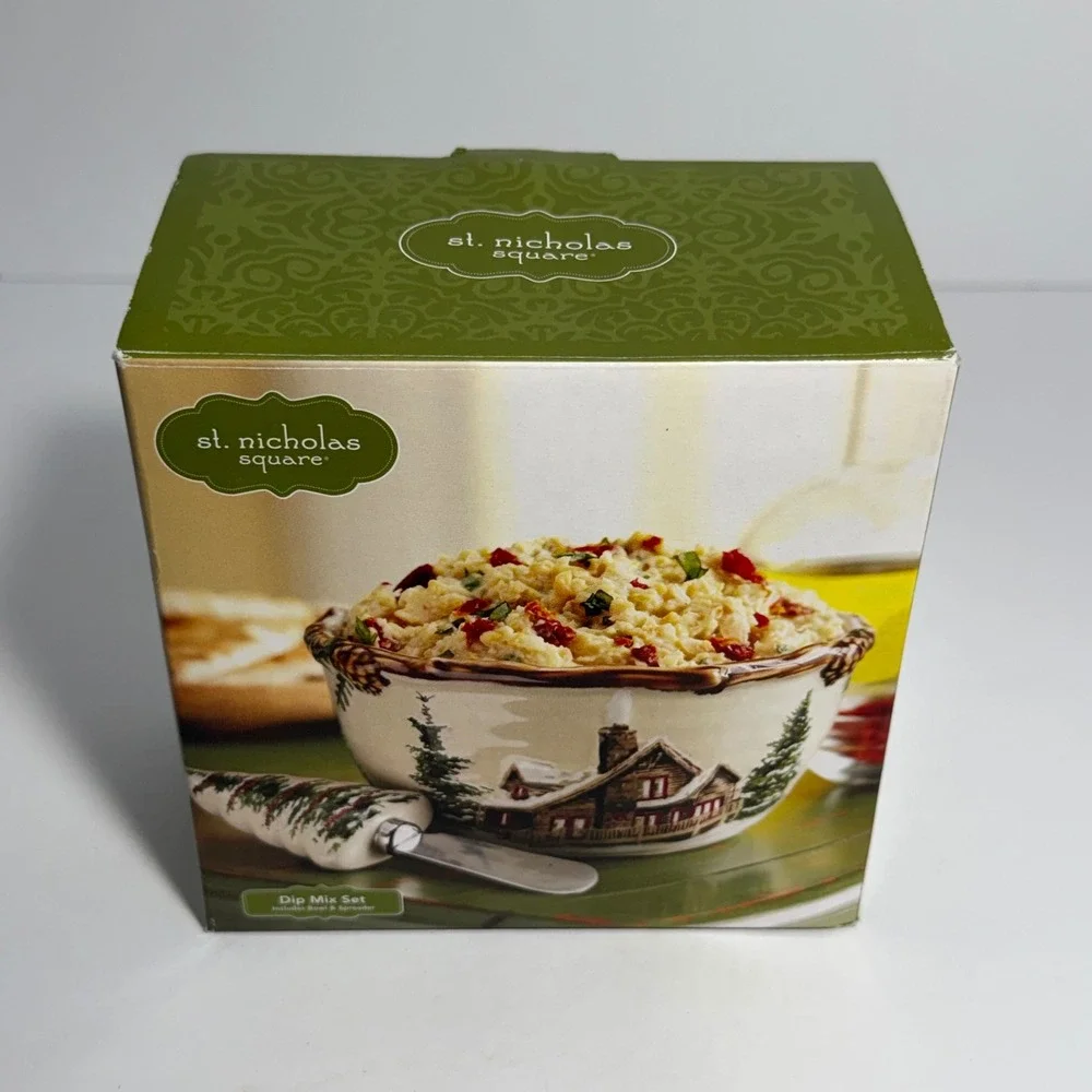 St. Nicholas Square Snow Valley Dip Mix Set Ceramic Bowl and Spreader Christmas